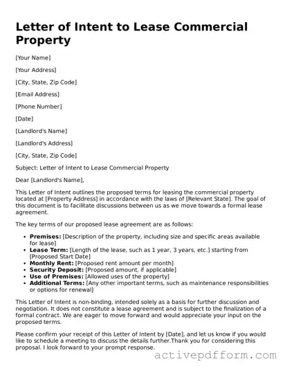 Blank Letter of Intent to Lease Commercial Property Document