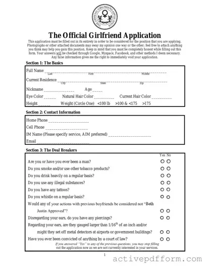 Free Girlfriend Application Template