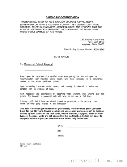 Free Sample Roof Certification Template