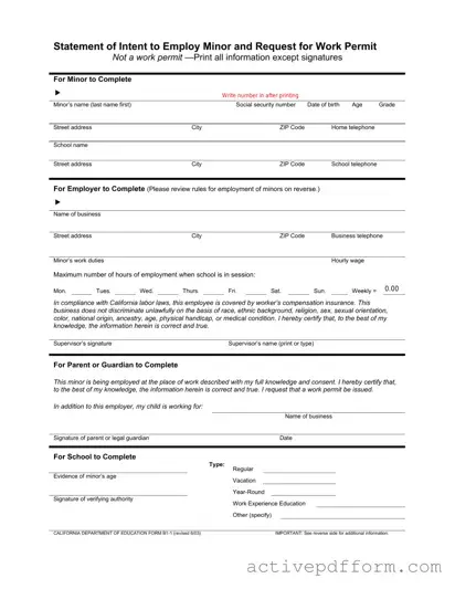 Free Statement of Intent to Employ Minor and Request for Work Permit Template