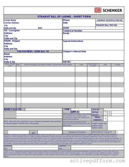 Free Straight Bill Of Lading Template