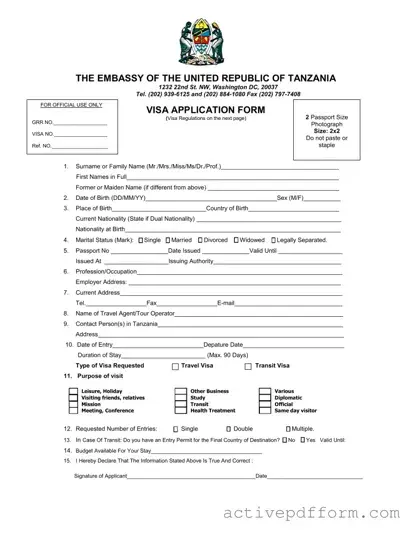 Free Tanzania Visa Applicaiton Template