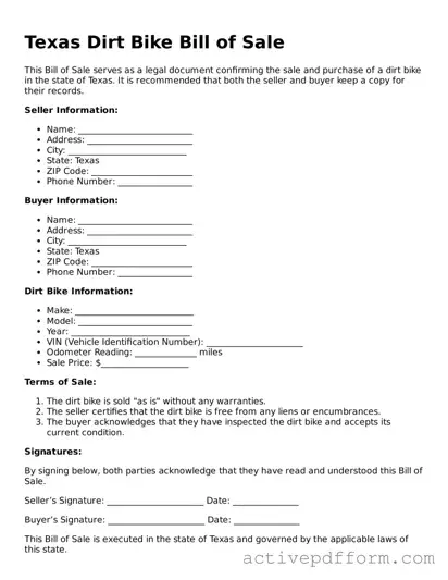 Blank Texas Dirt Bike Bill of Sale Document