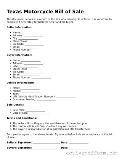 Blank Texas Motorcycle Bill of Sale Document