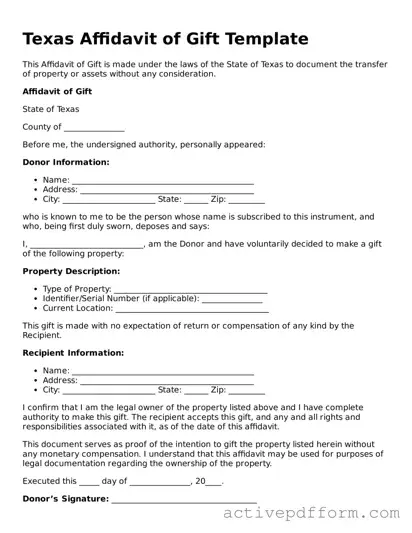 Blank Texas Affidavit of Gift Document
