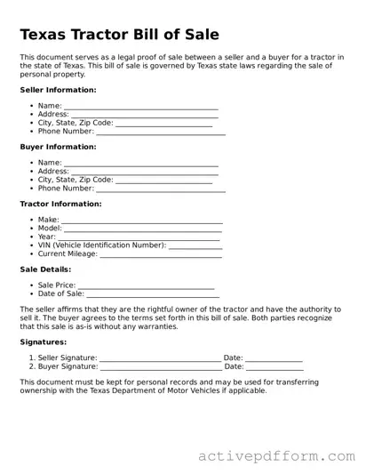 Blank Texas Tractor Bill of Sale Document