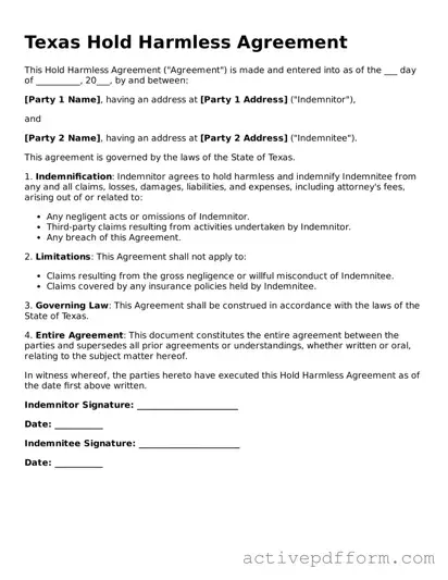 Blank Texas Hold Harmless Agreement Document