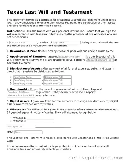 Blank Texas Last Will and Testament Document