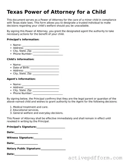 Blank Texas Power of Attorney for a Child Document
