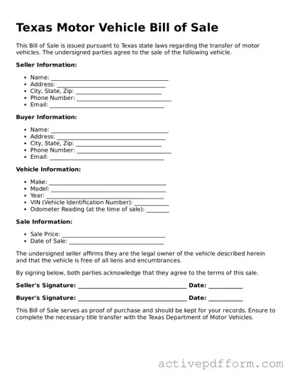 Blank Texas Motor Vehicle Bill of Sale Document