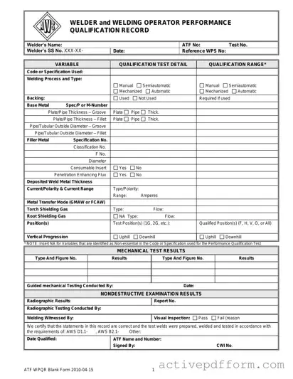 Free Welder Performance Qualification Record Template