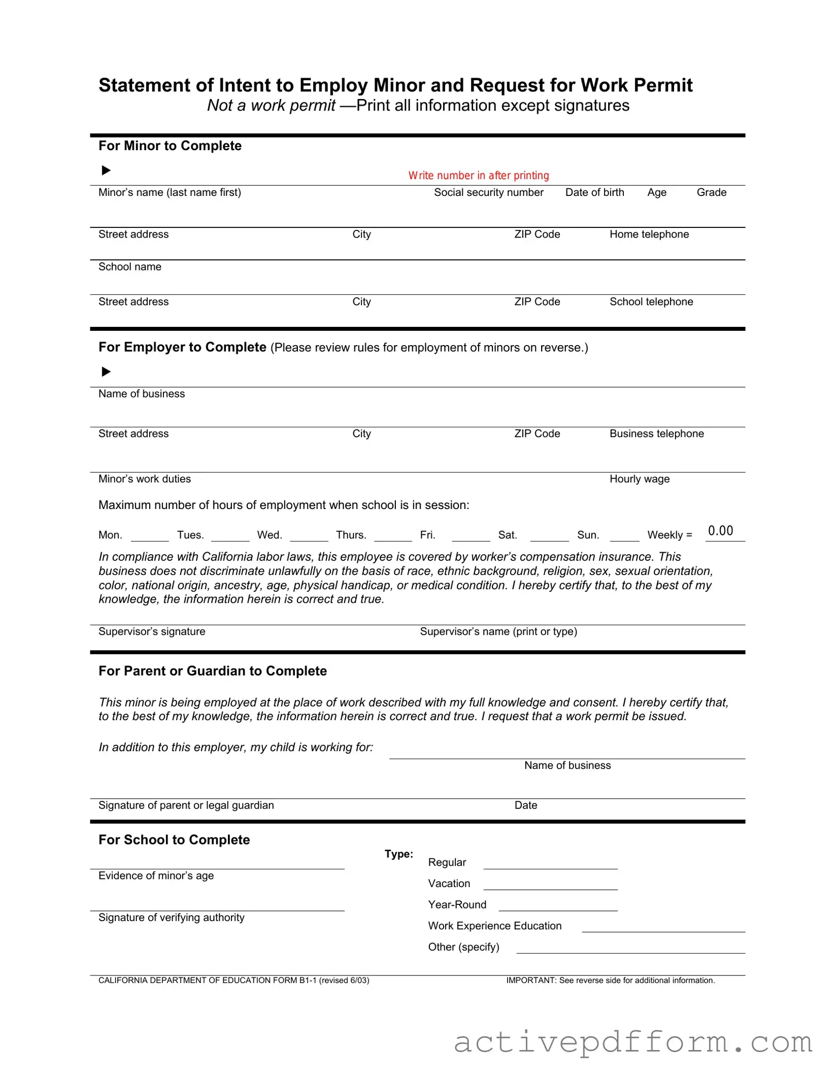 Free Statement of Intent to Employ Minor and Request for Work Permit Template