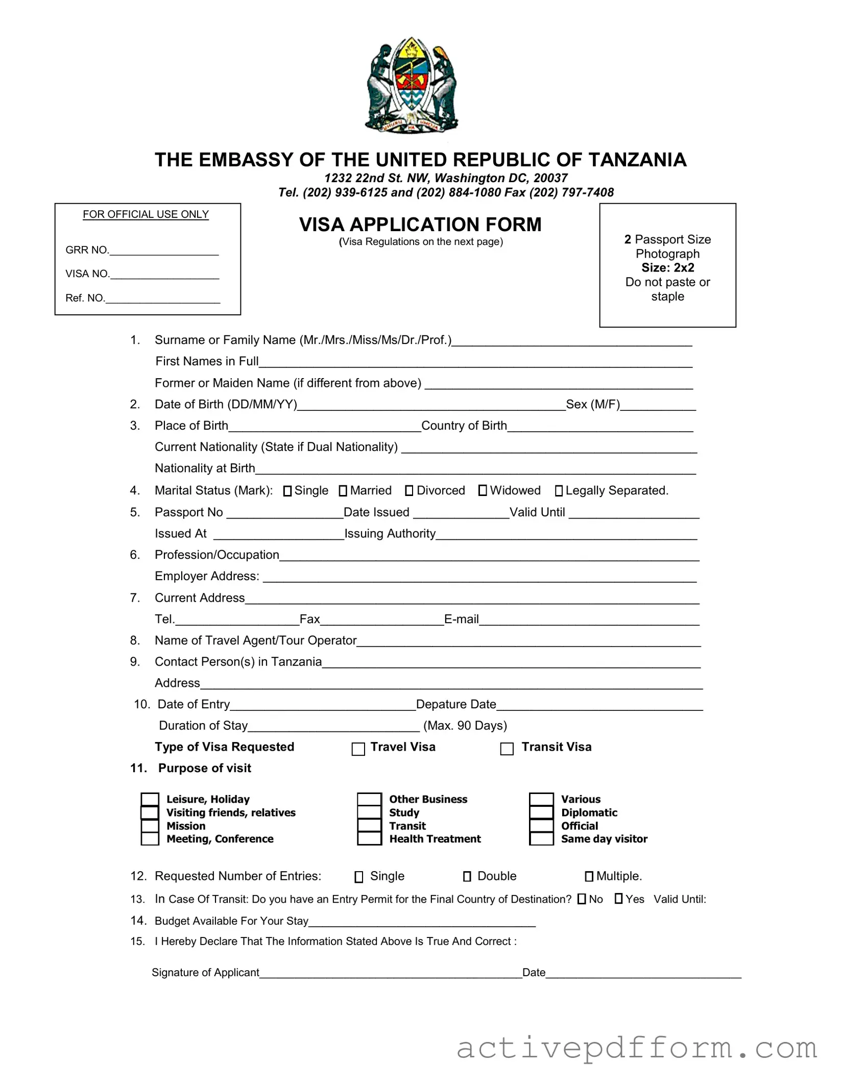 Free Tanzania Visa Applicaiton Template