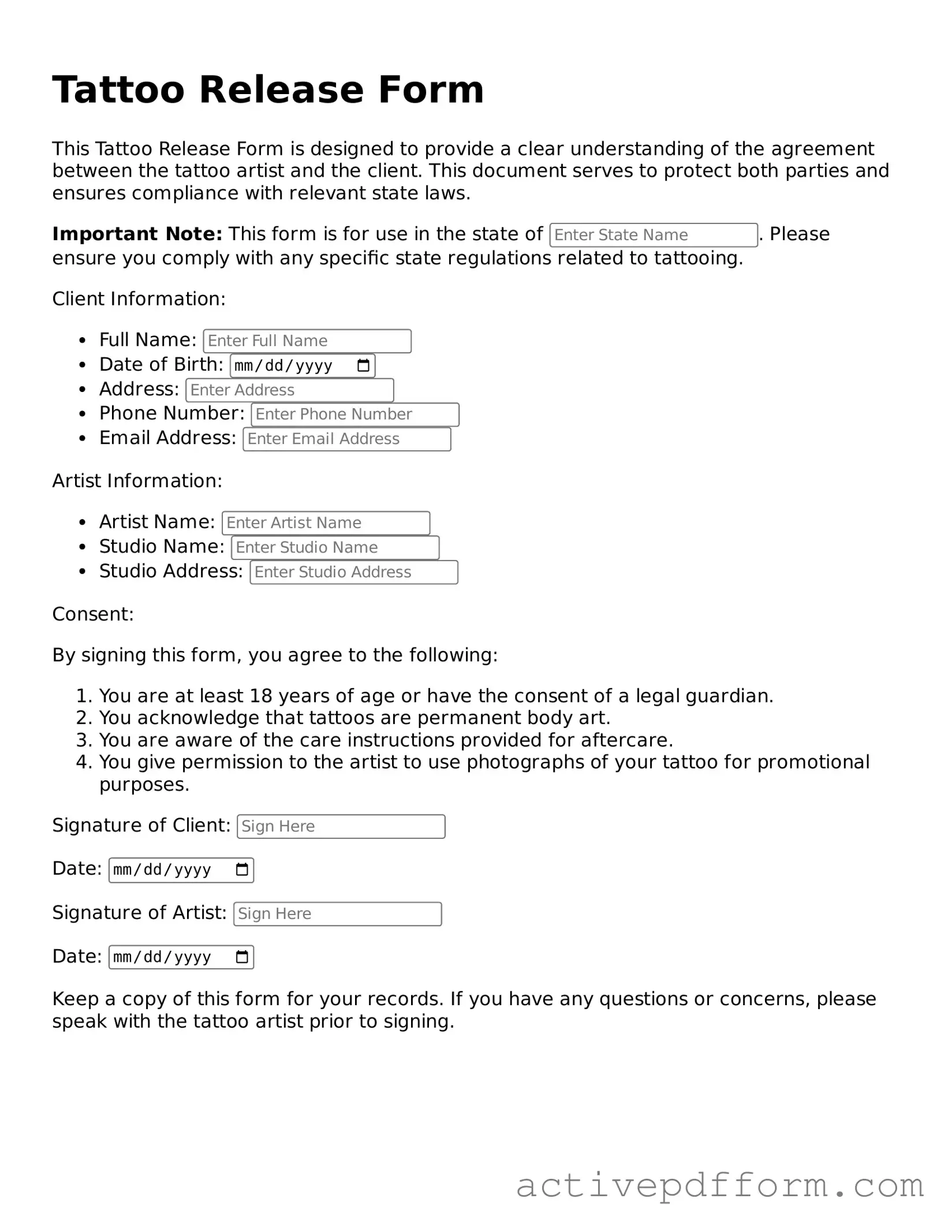 Blank Tattoo Release Document
