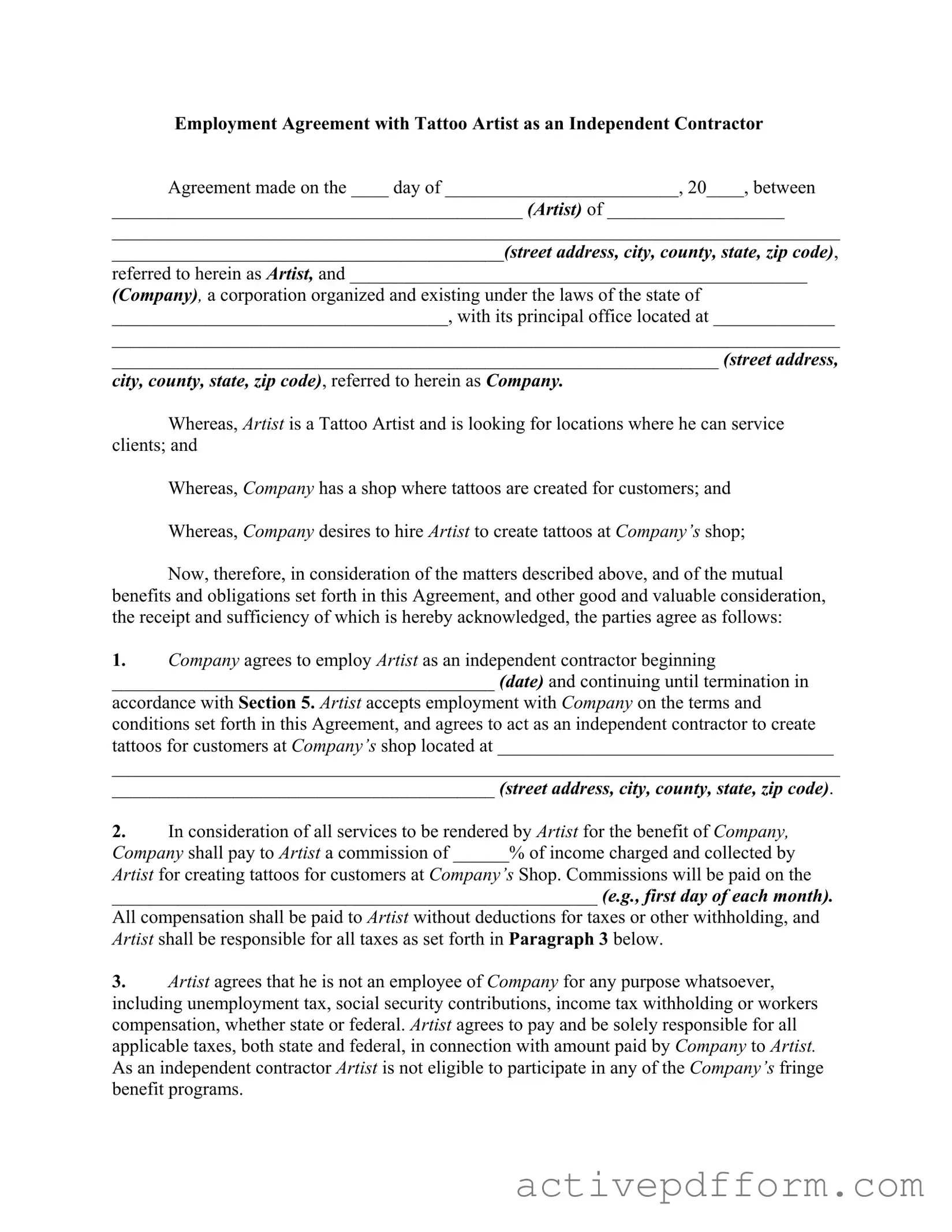 Free Tattoo Shop Artist Agreement Template