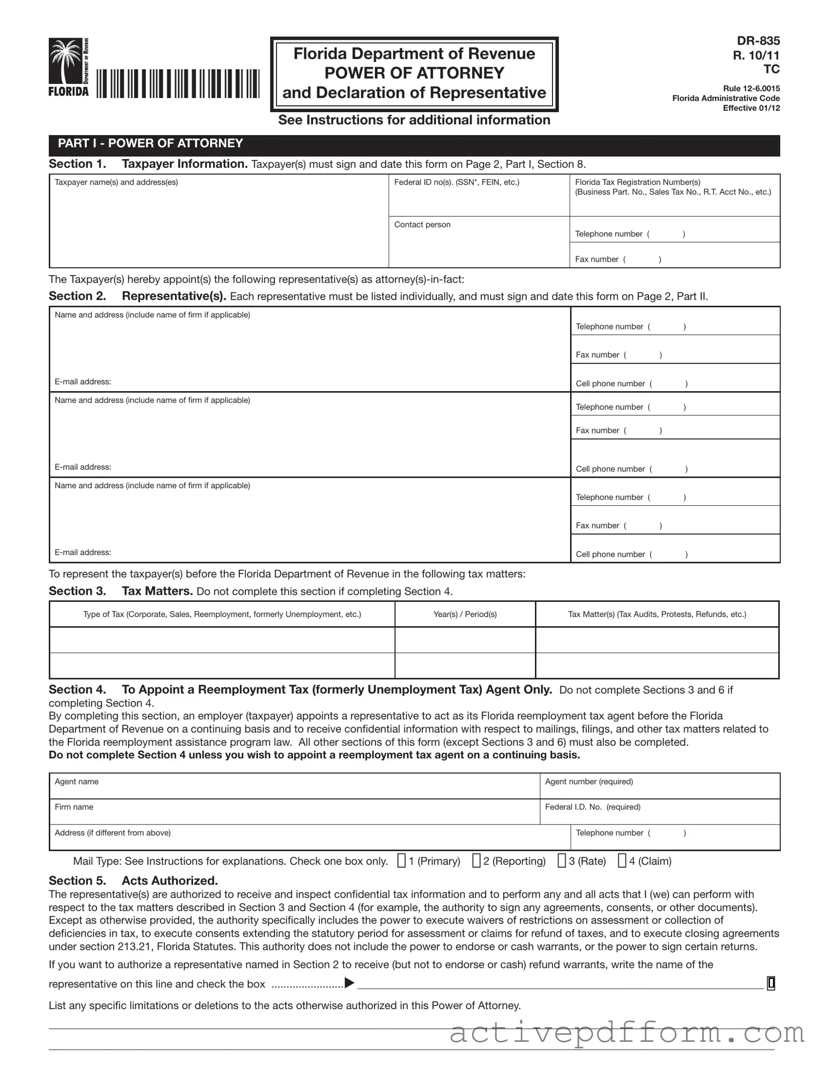 Free Tax POA dr 835 Template