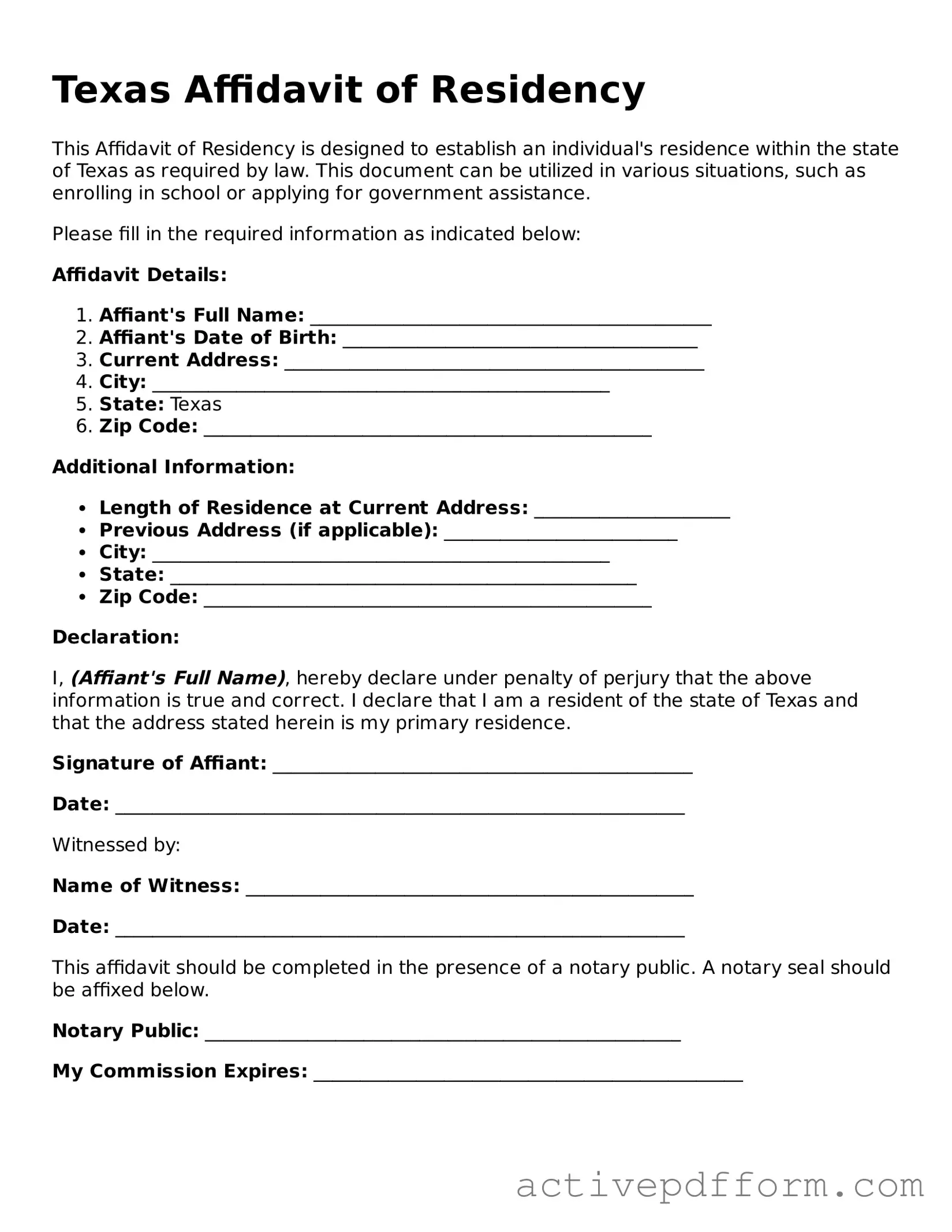 Blank Texas Affidavit of Residency Document