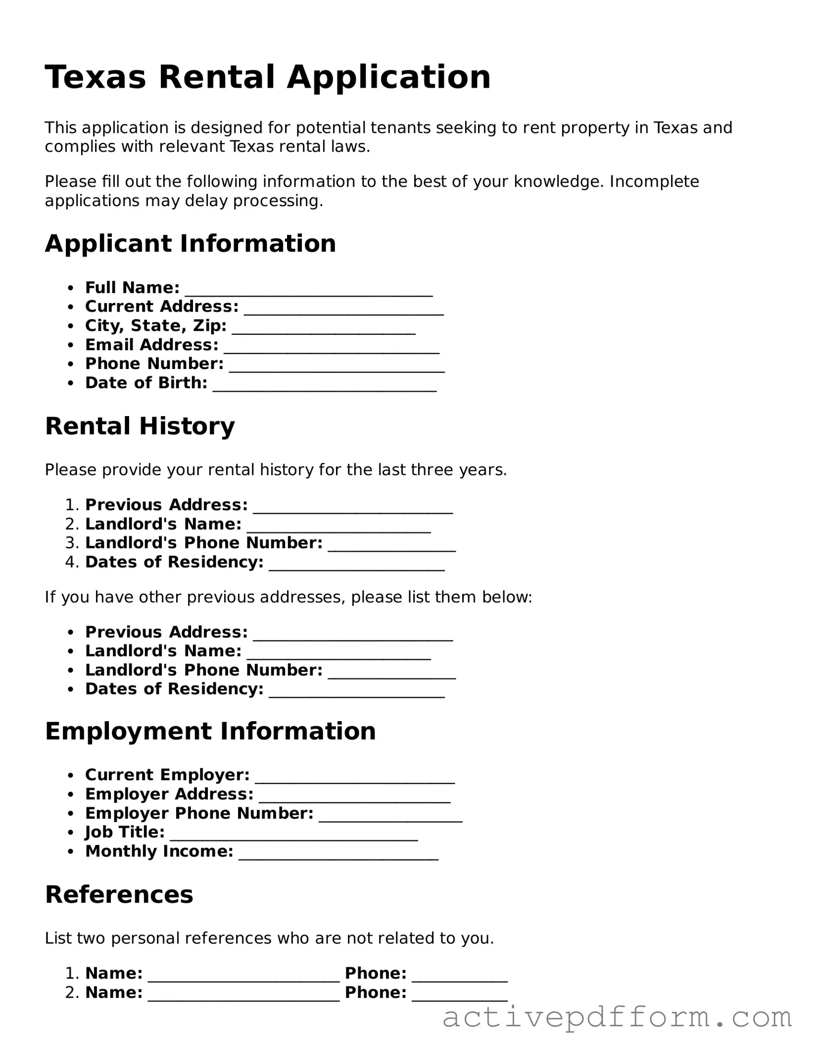 Blank Texas Rental Application Document