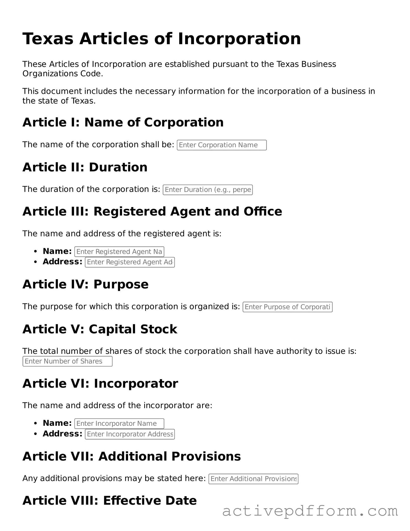 Blank Texas Articles of Incorporation Document