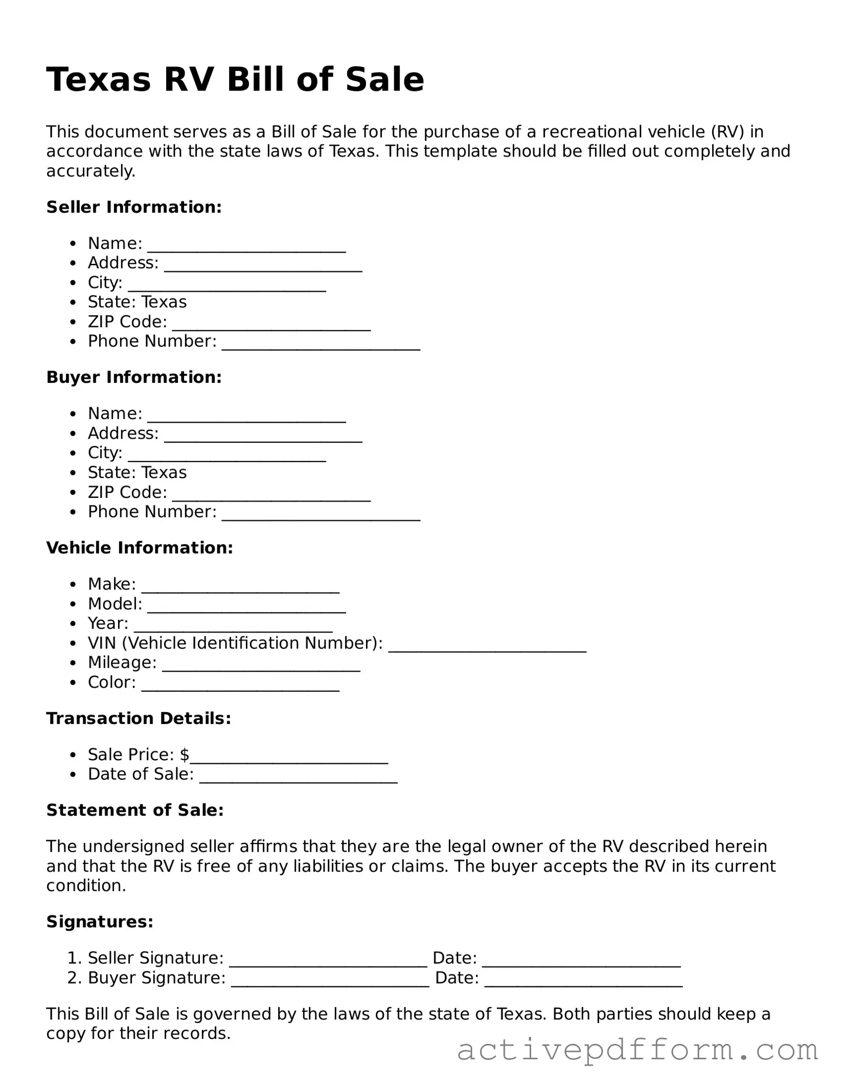 Blank Texas RV Bill of Sale Document