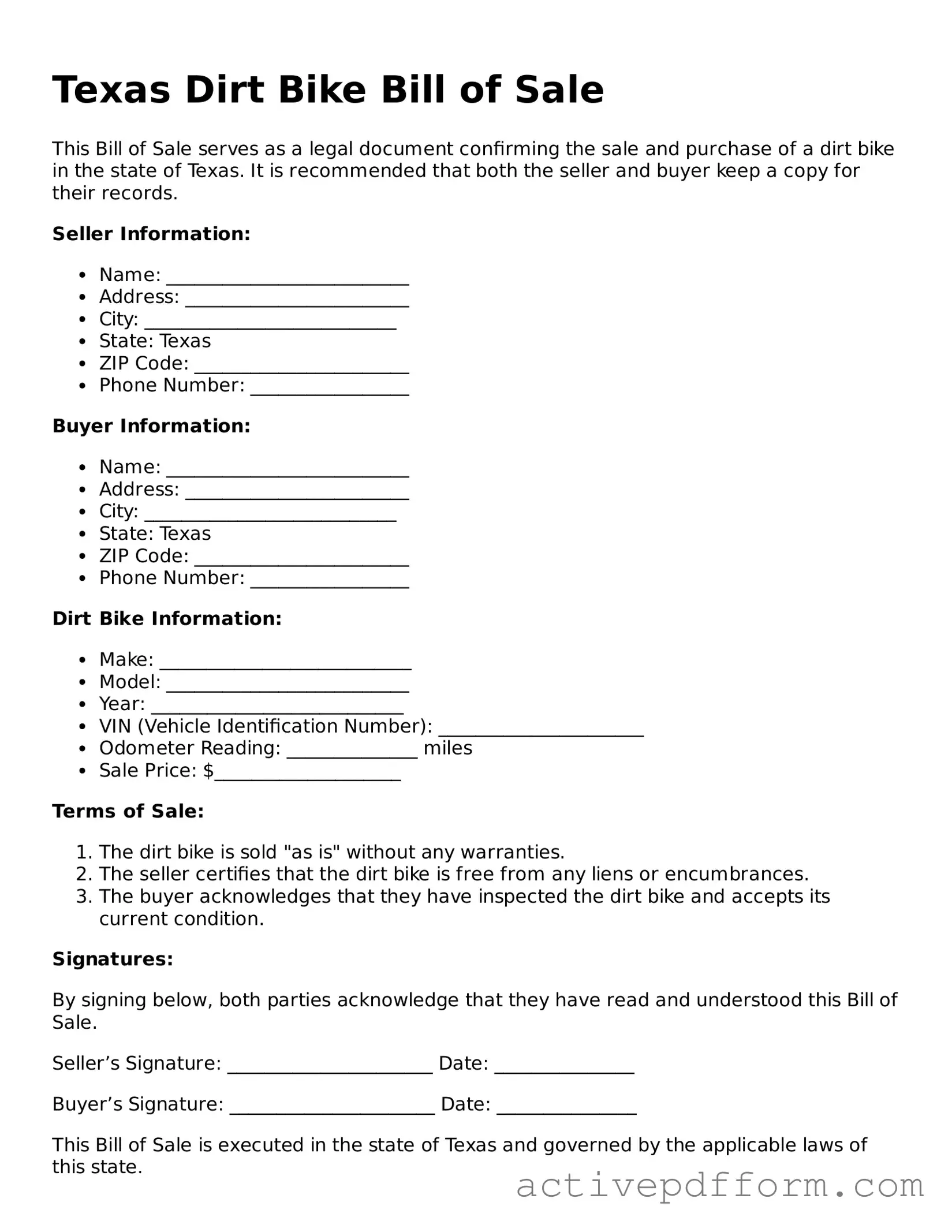 Blank Texas Dirt Bike Bill of Sale Document