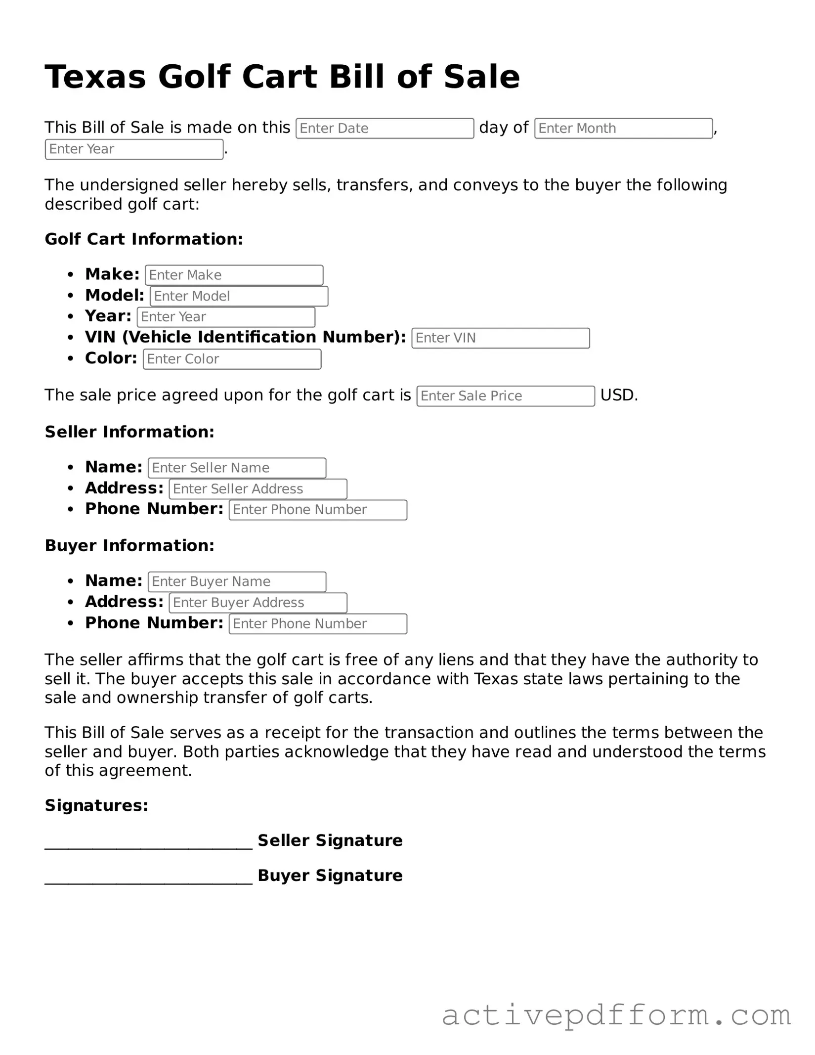 Blank Texas Golf Cart Bill of Sale Document