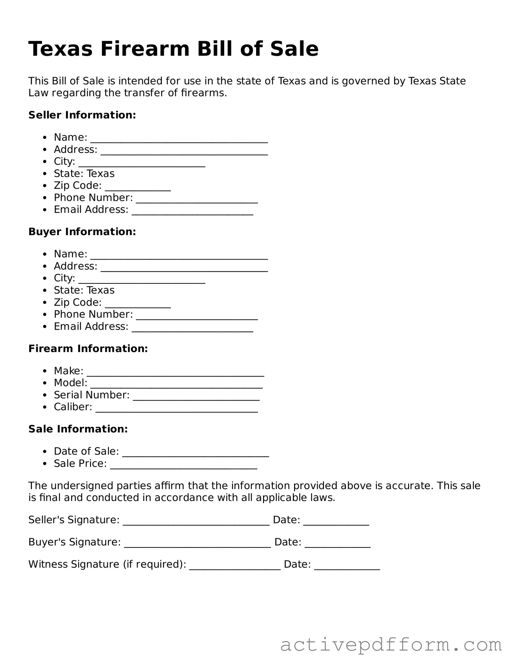 Blank Texas Firearm Bill of Sale Document