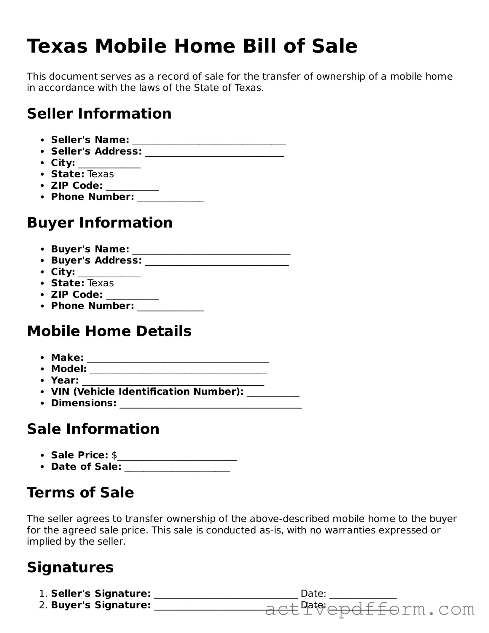 Blank Texas Mobile Home Bill of Sale Document