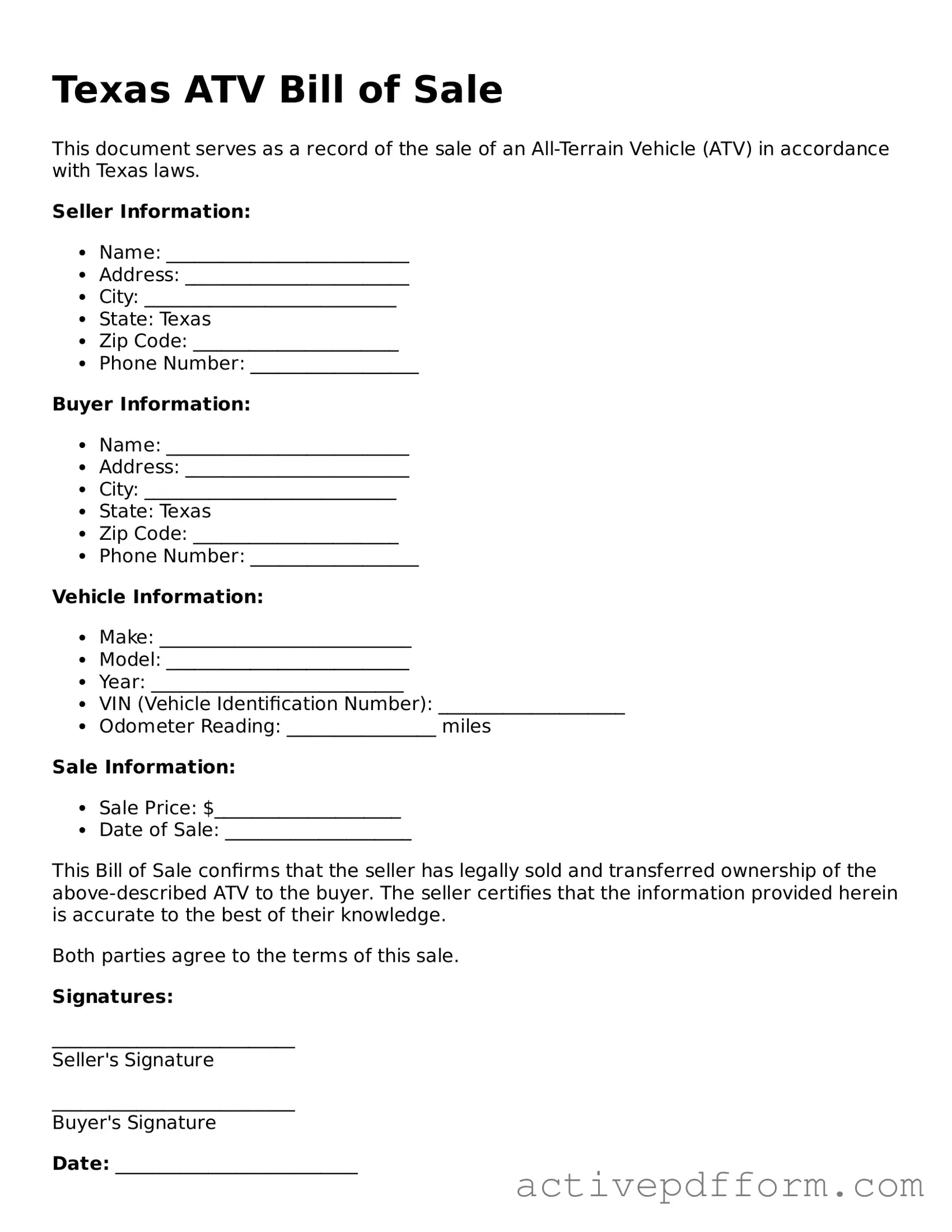 Blank Texas ATV Bill of Sale Document