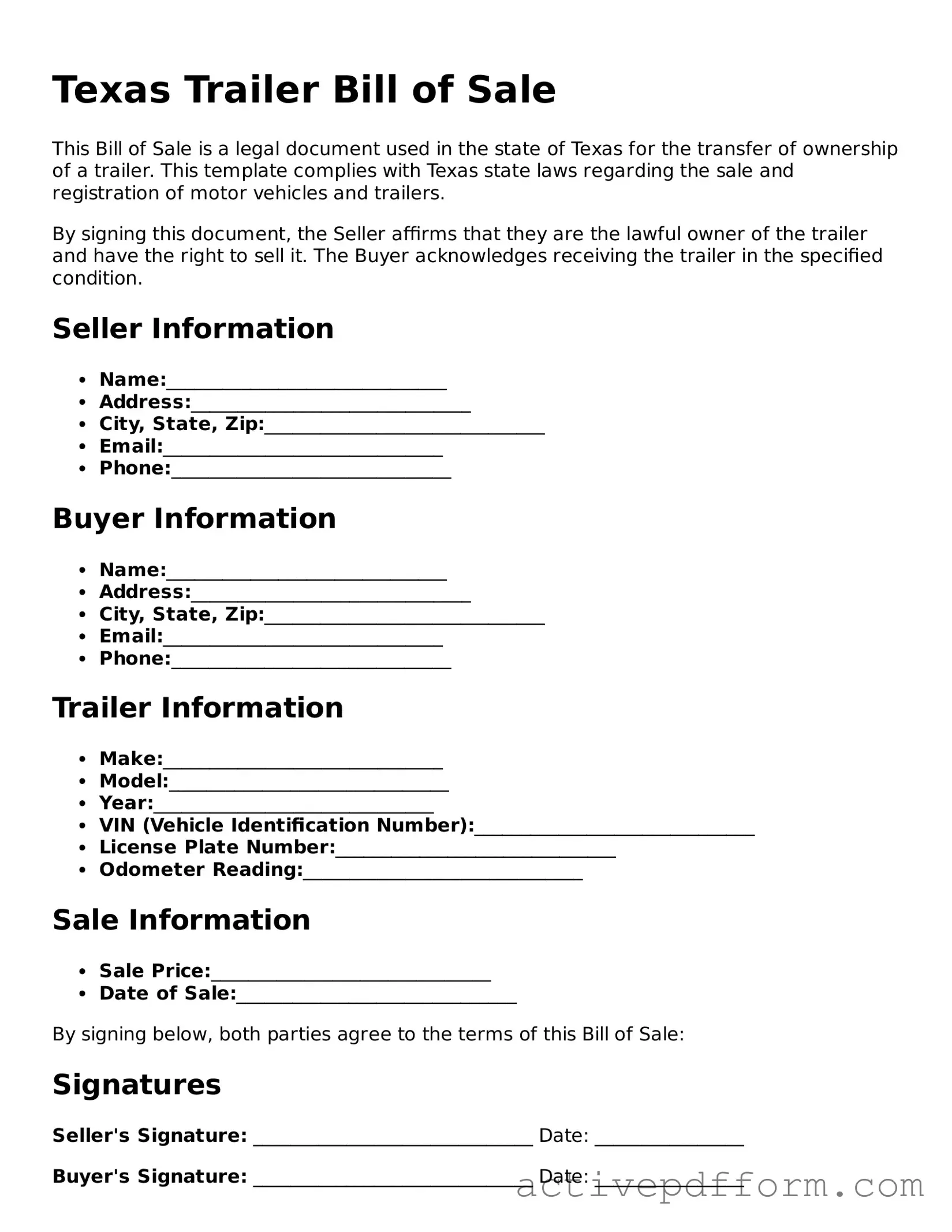 Blank Texas Trailer Bill of Sale Document