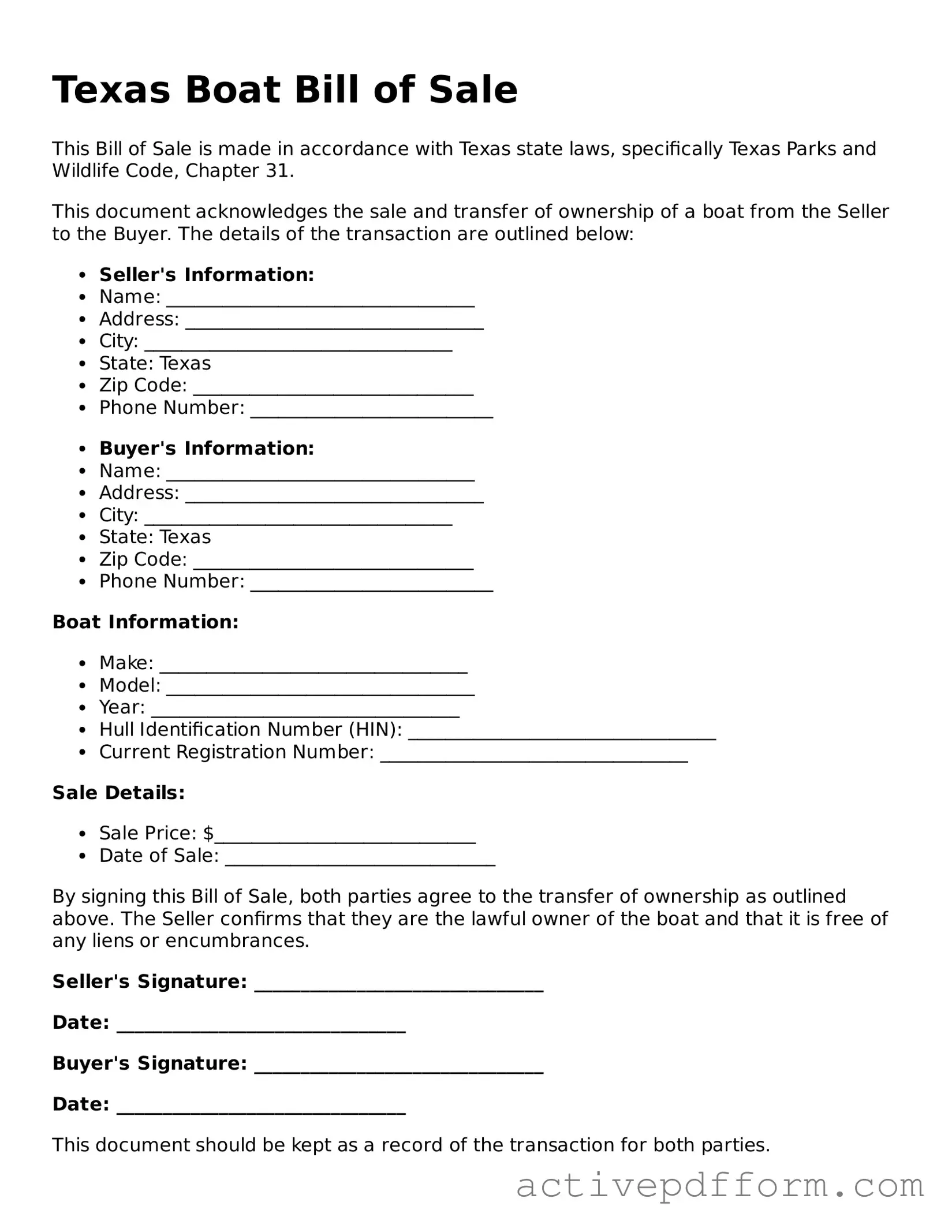 Blank Texas Boat Bill of Sale Document