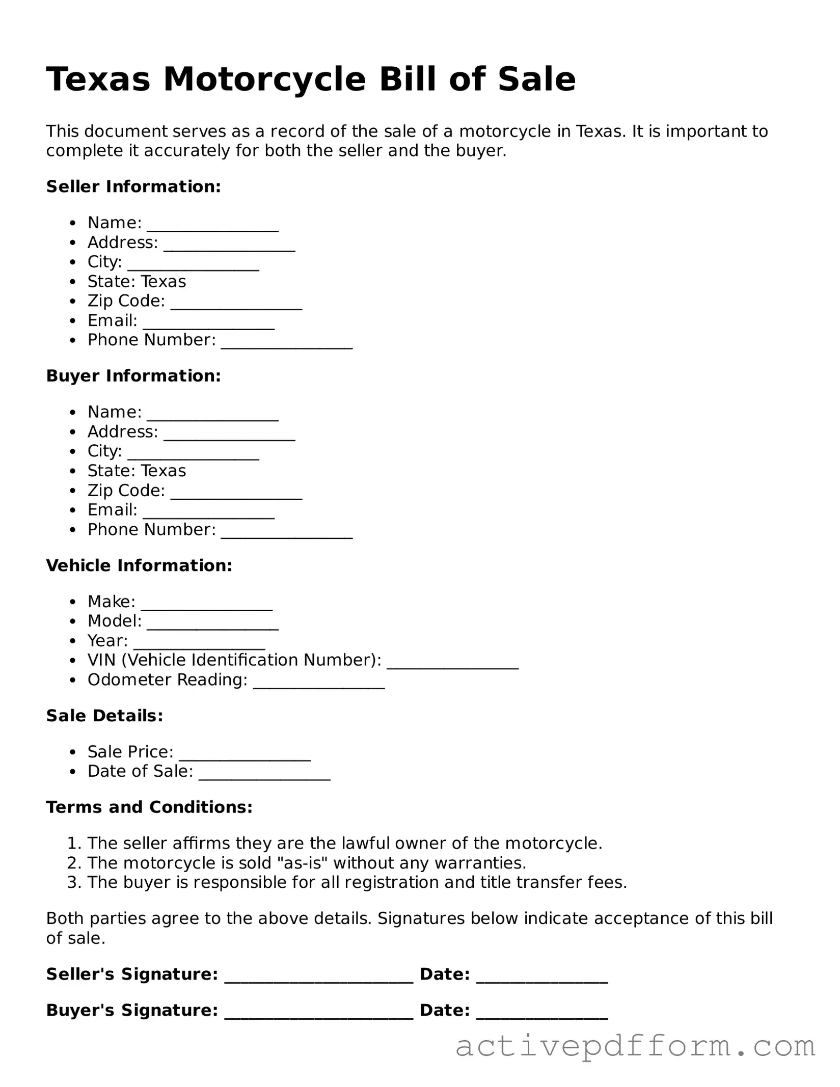 Blank Texas Motorcycle Bill of Sale Document