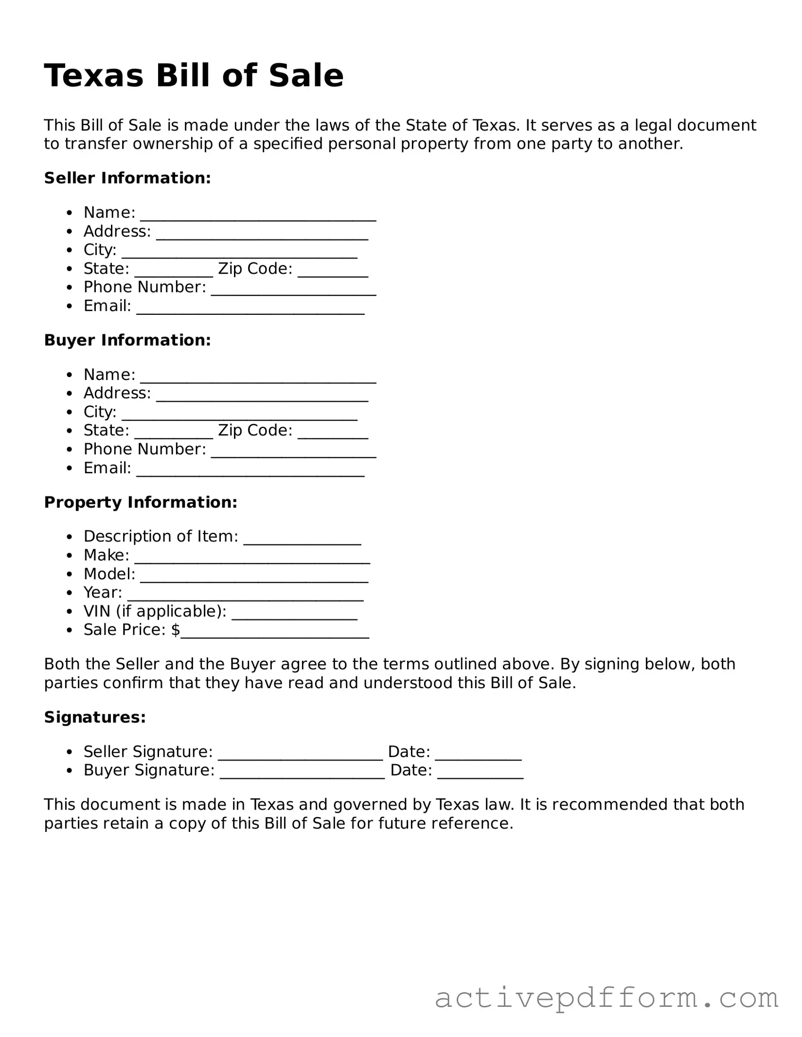 Blank Texas Bill of Sale Document