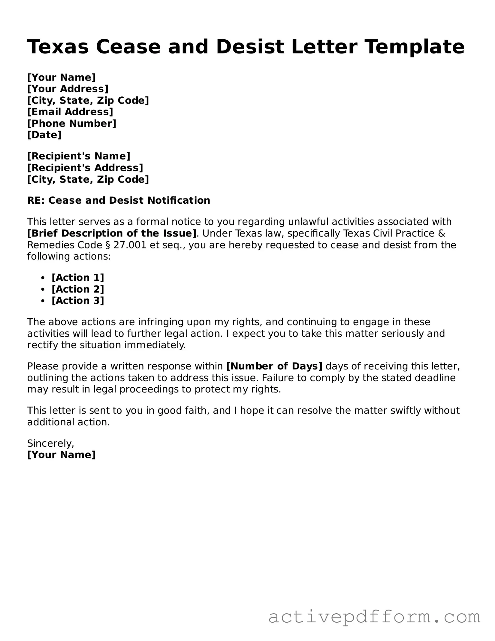 Blank Texas Cease and Desist Letter Document