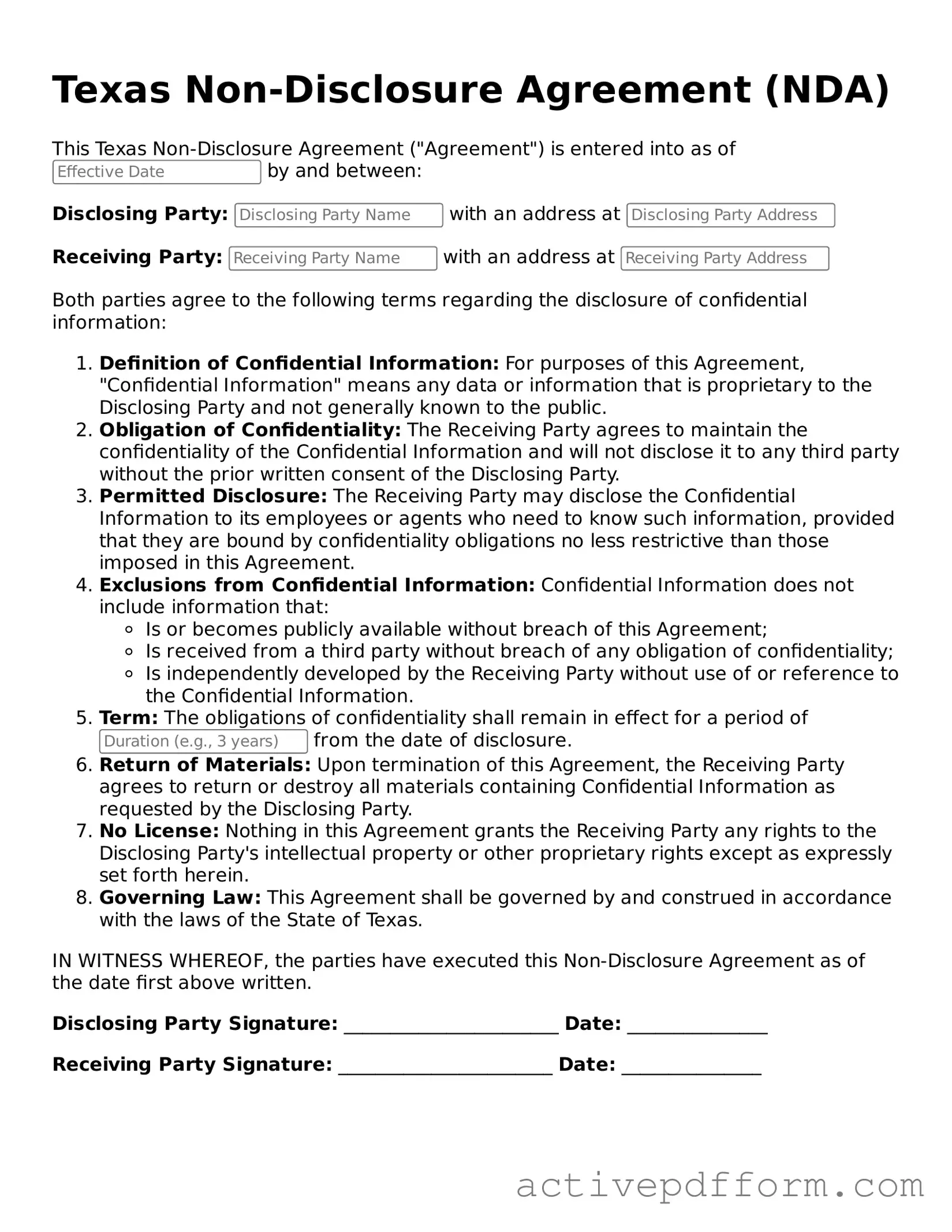 Blank Texas Non-disclosure Agreement Document