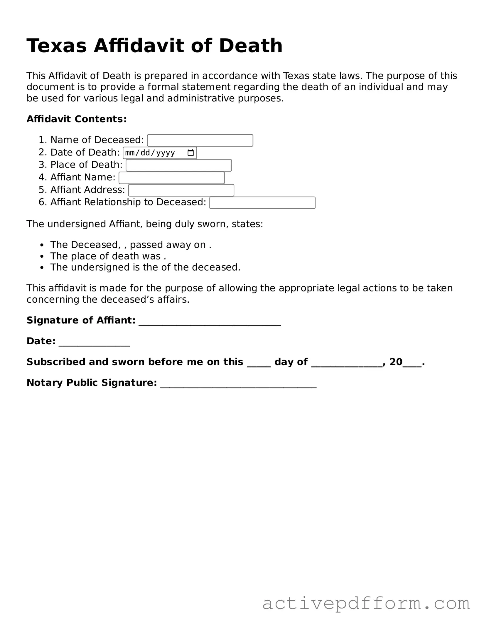 Blank Texas Affidavit of Death Document