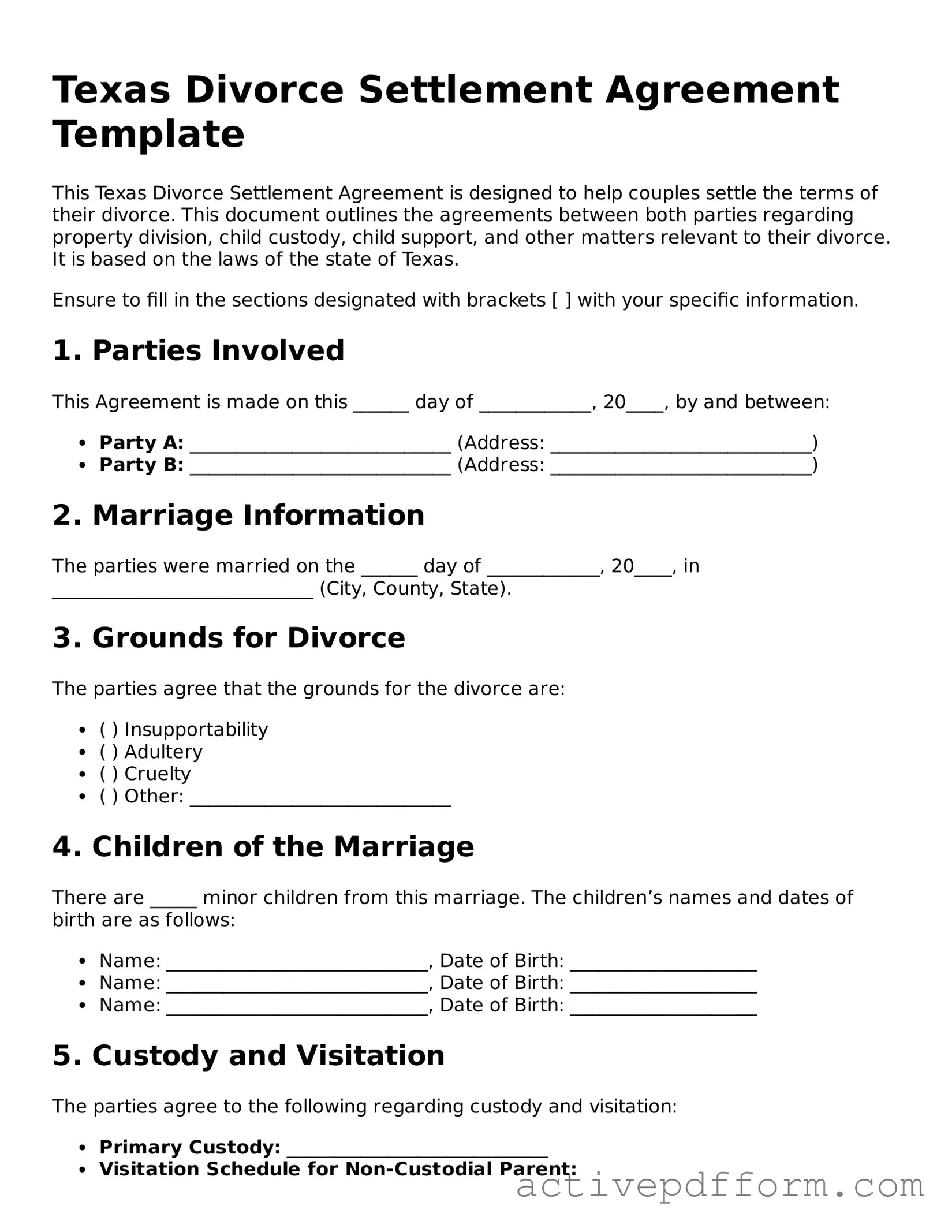 Blank Texas Divorce Settlement Agreement Document