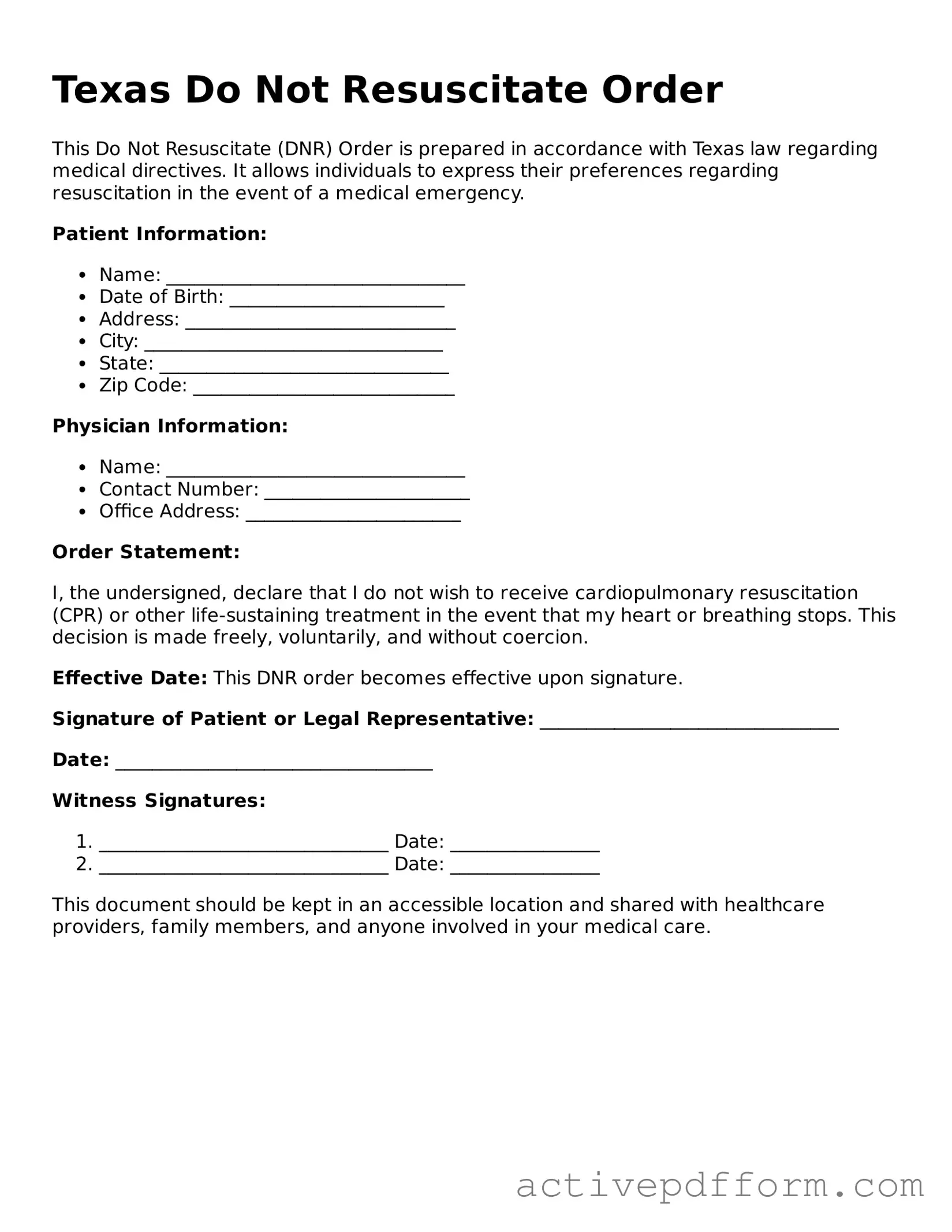 Blank Texas Do Not Resuscitate Order Document