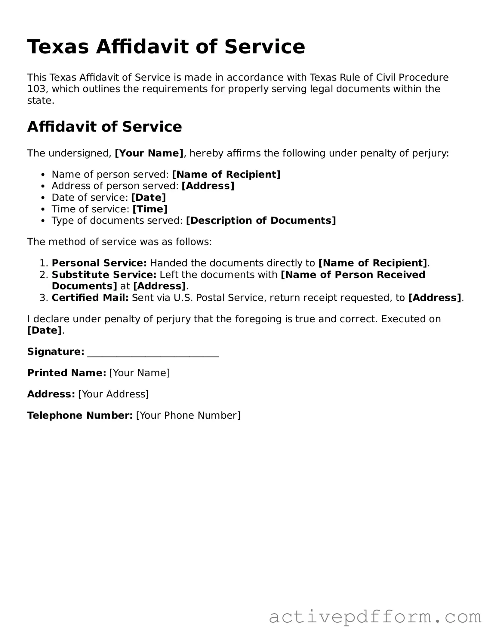 Blank Texas Affidavit of Service Document