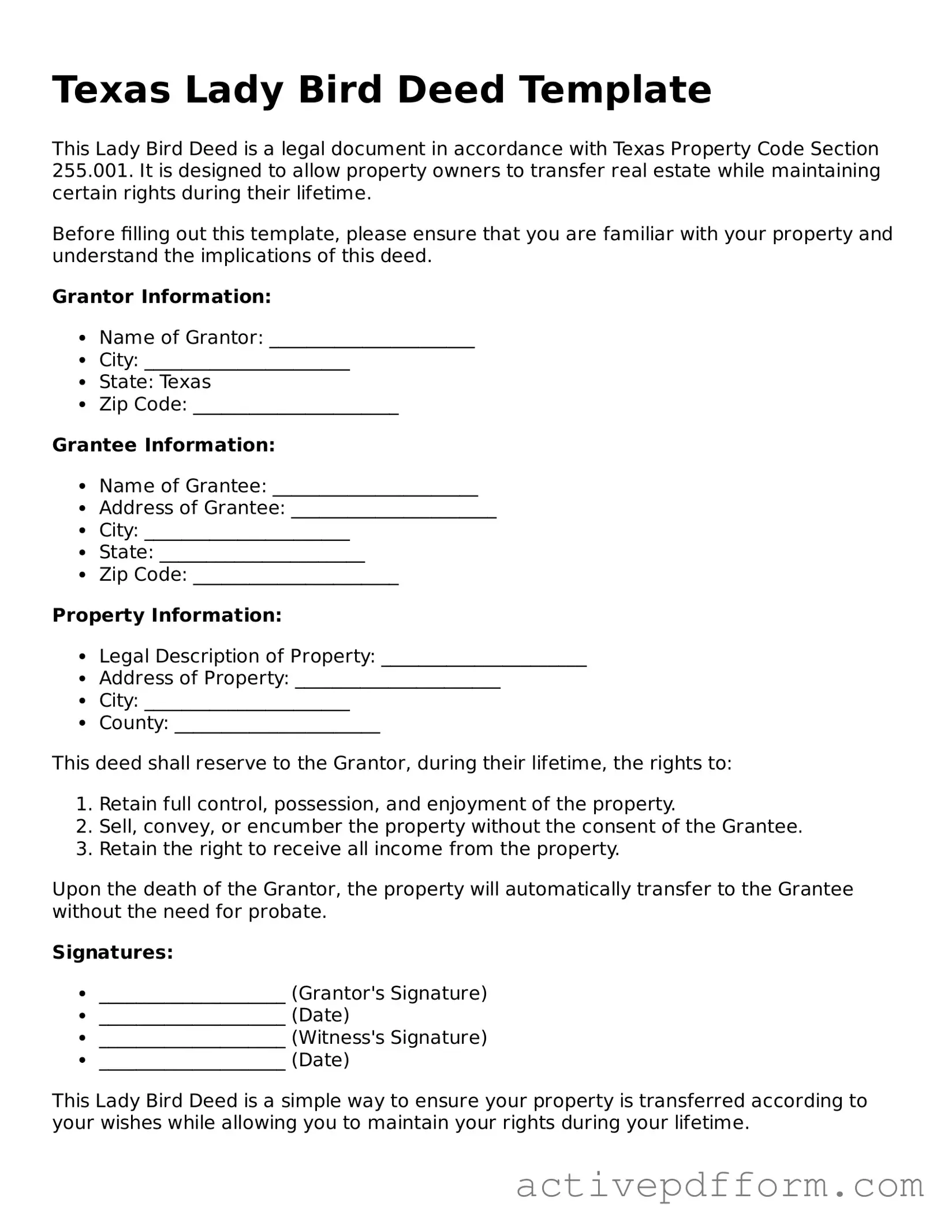 Blank Texas Lady Bird Deed Document