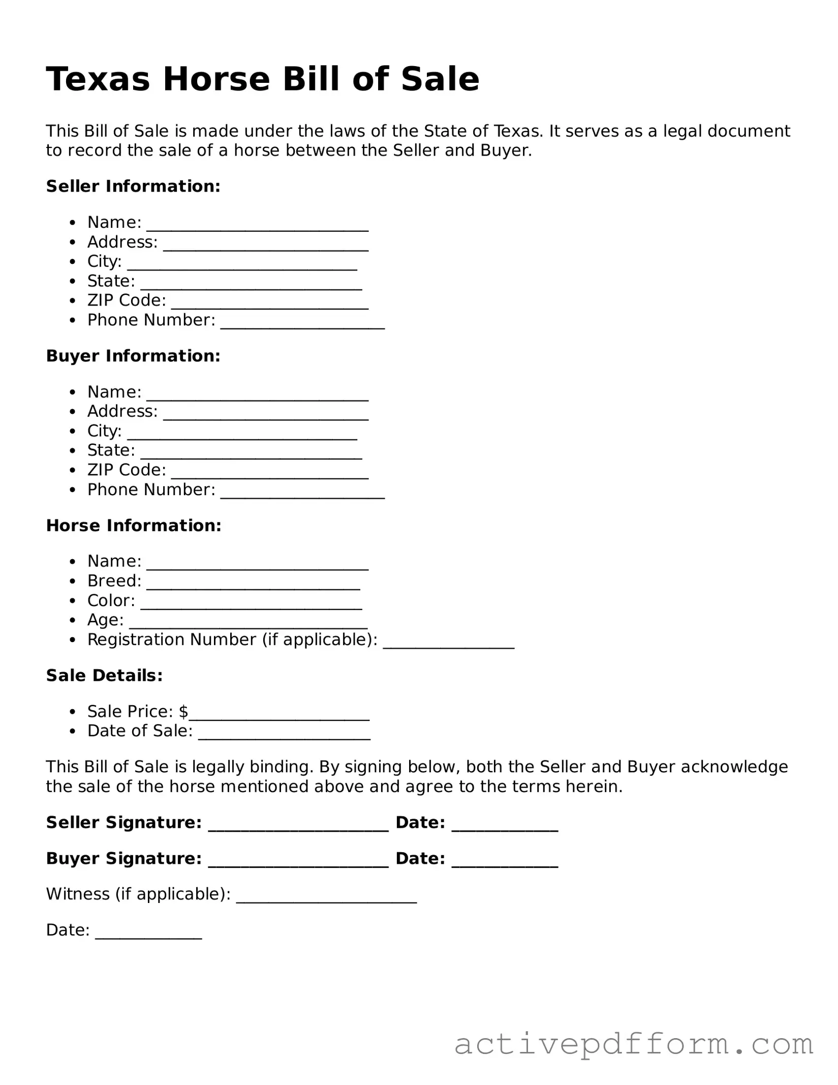 Blank Texas Horse Bill of Sale Document