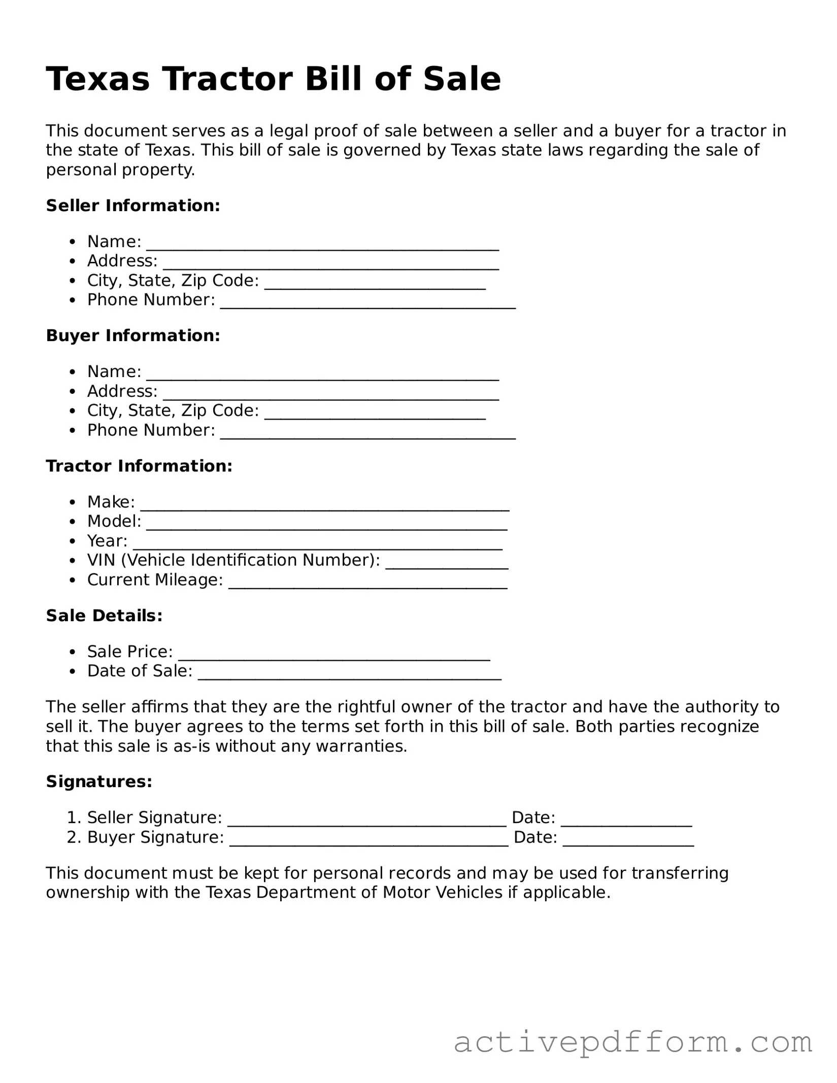 Blank Texas Tractor Bill of Sale Document