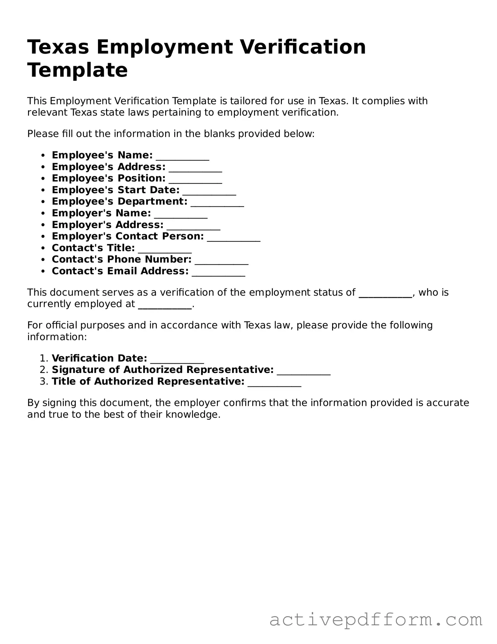 Blank Texas Employment Verification Document