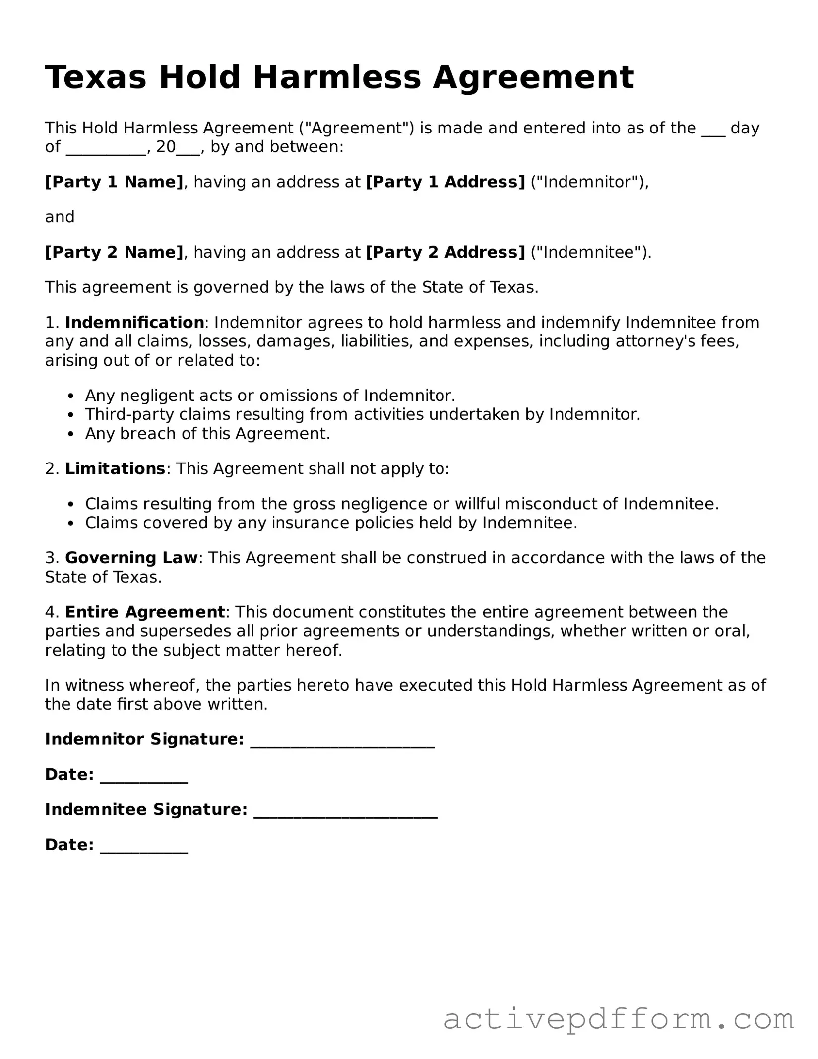 Blank Texas Hold Harmless Agreement Document