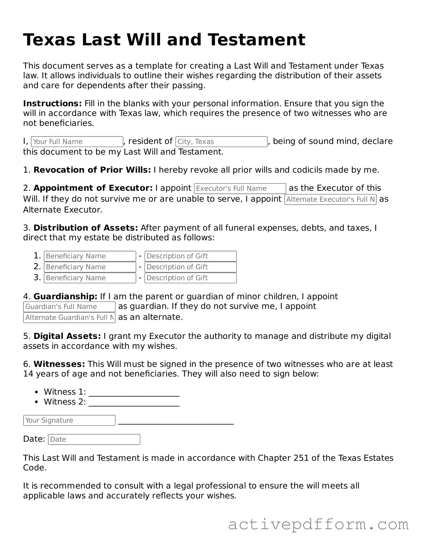 Blank Texas Last Will and Testament Document