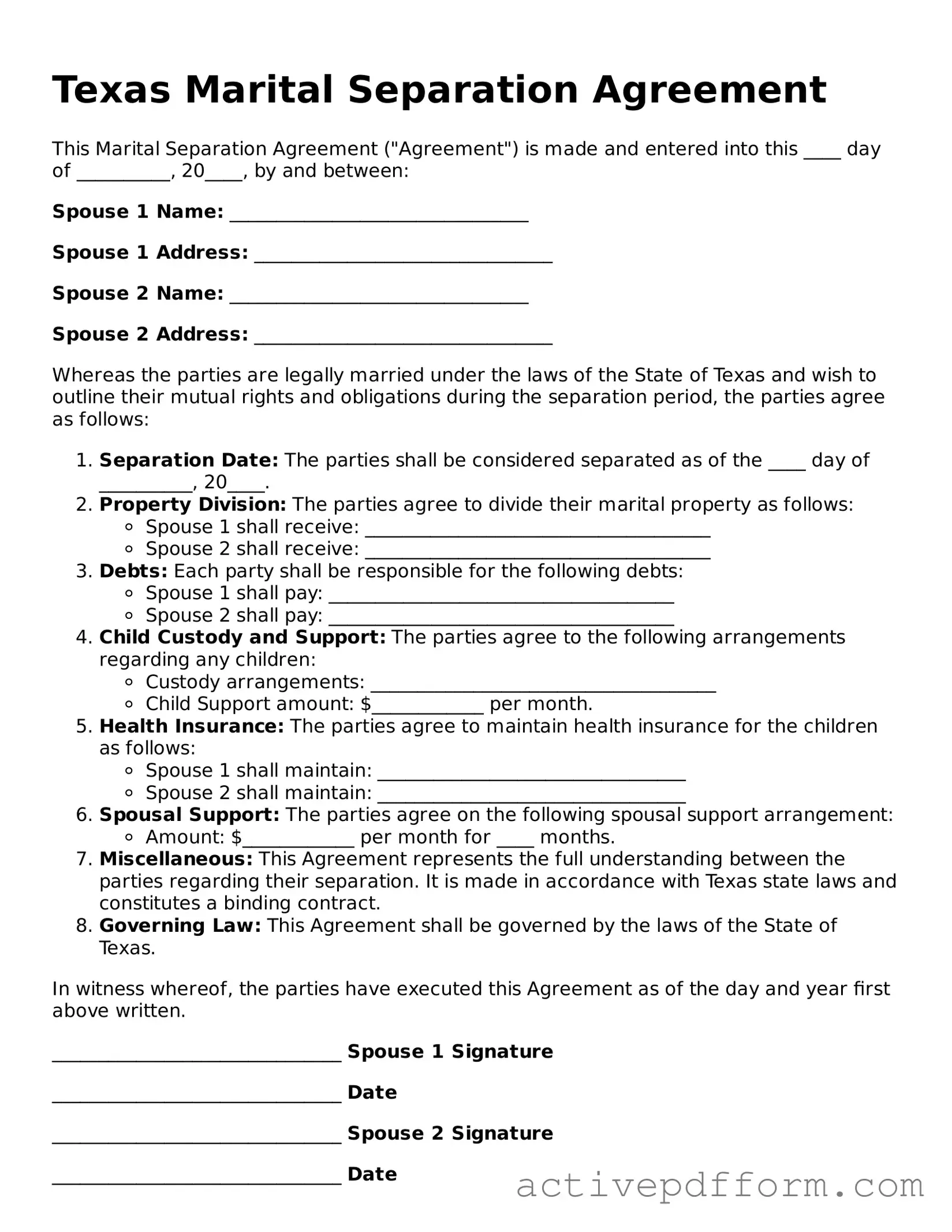 Blank Texas Marital Separation Agreement Document