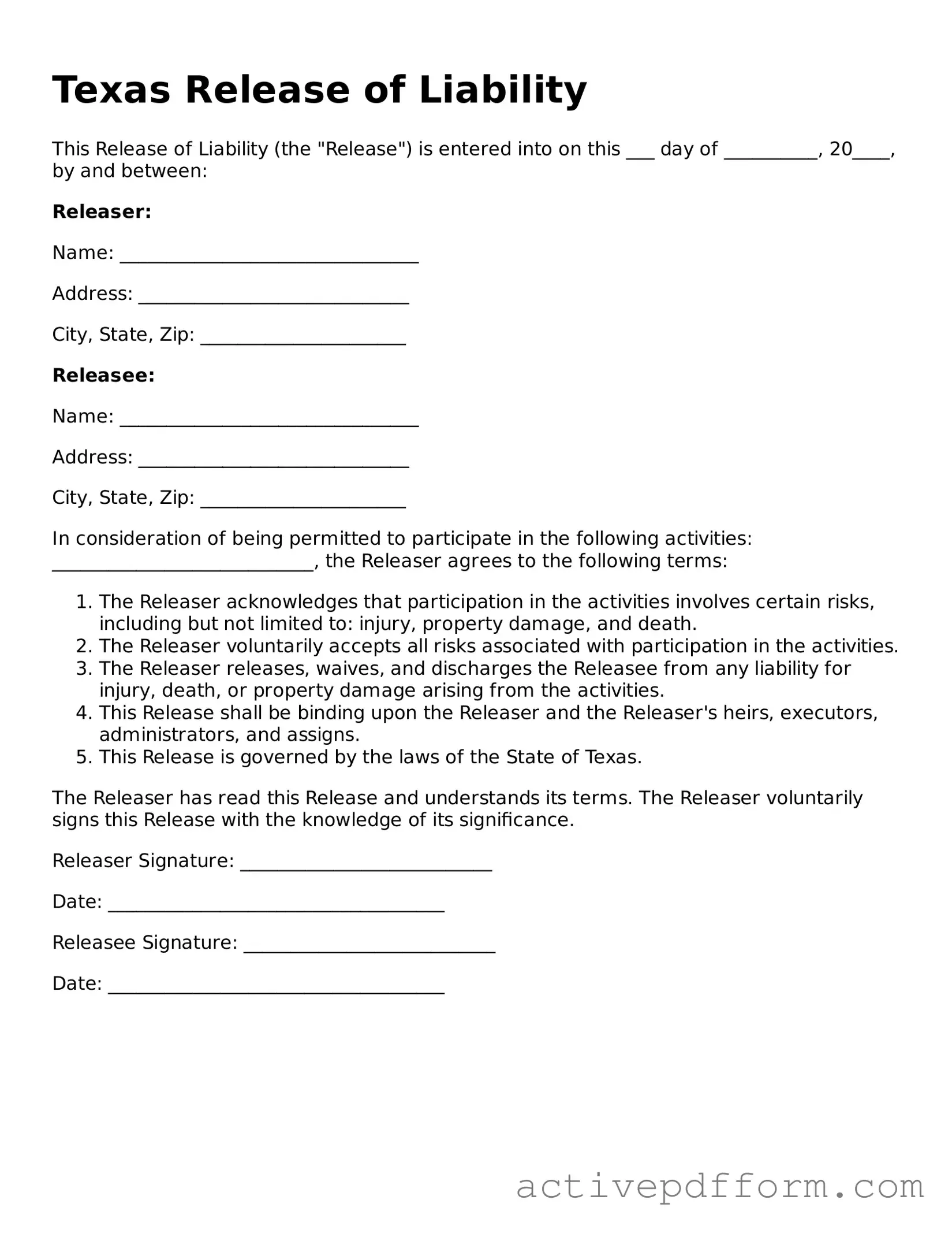 Blank Texas Release of Liability Document