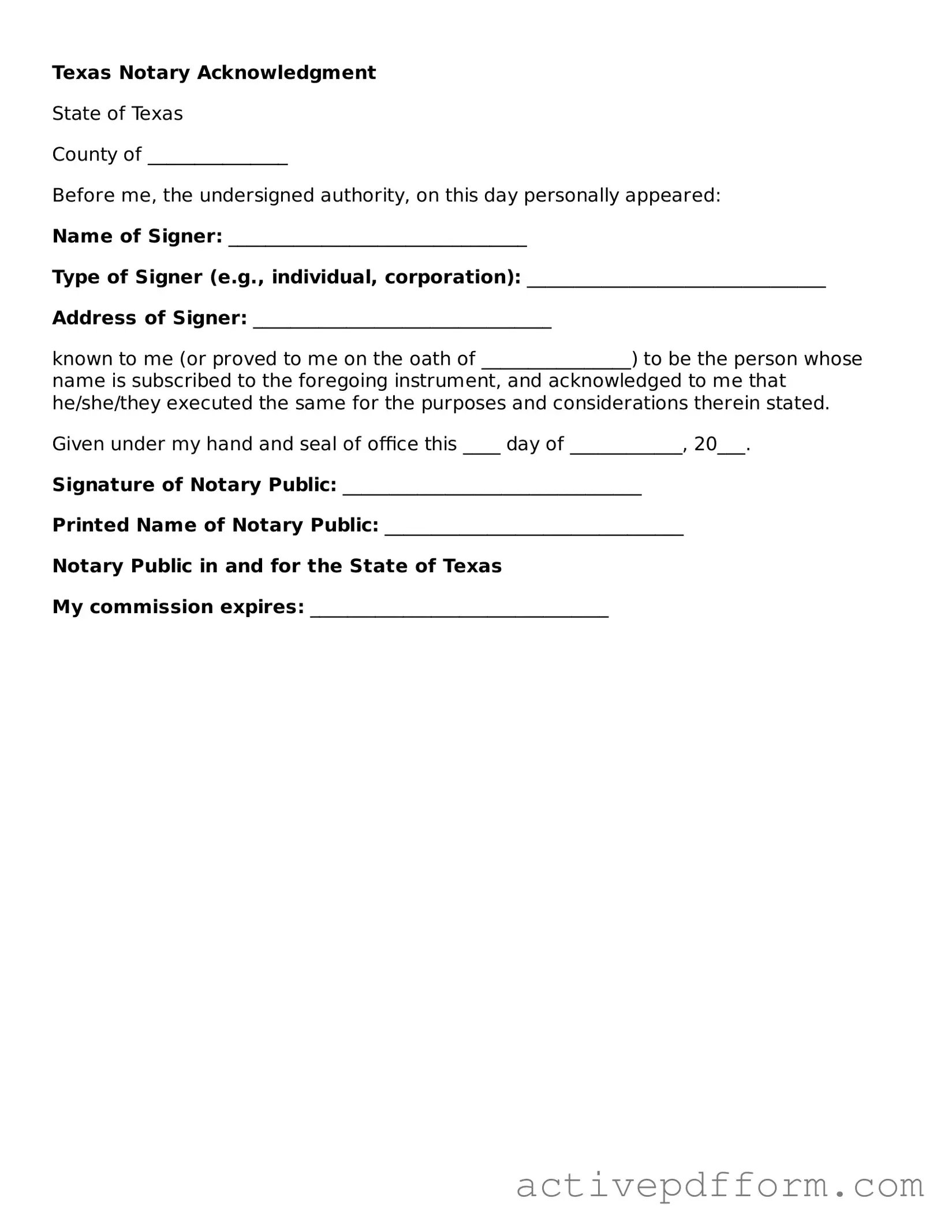 Blank Texas Notary Acknowledgement Document