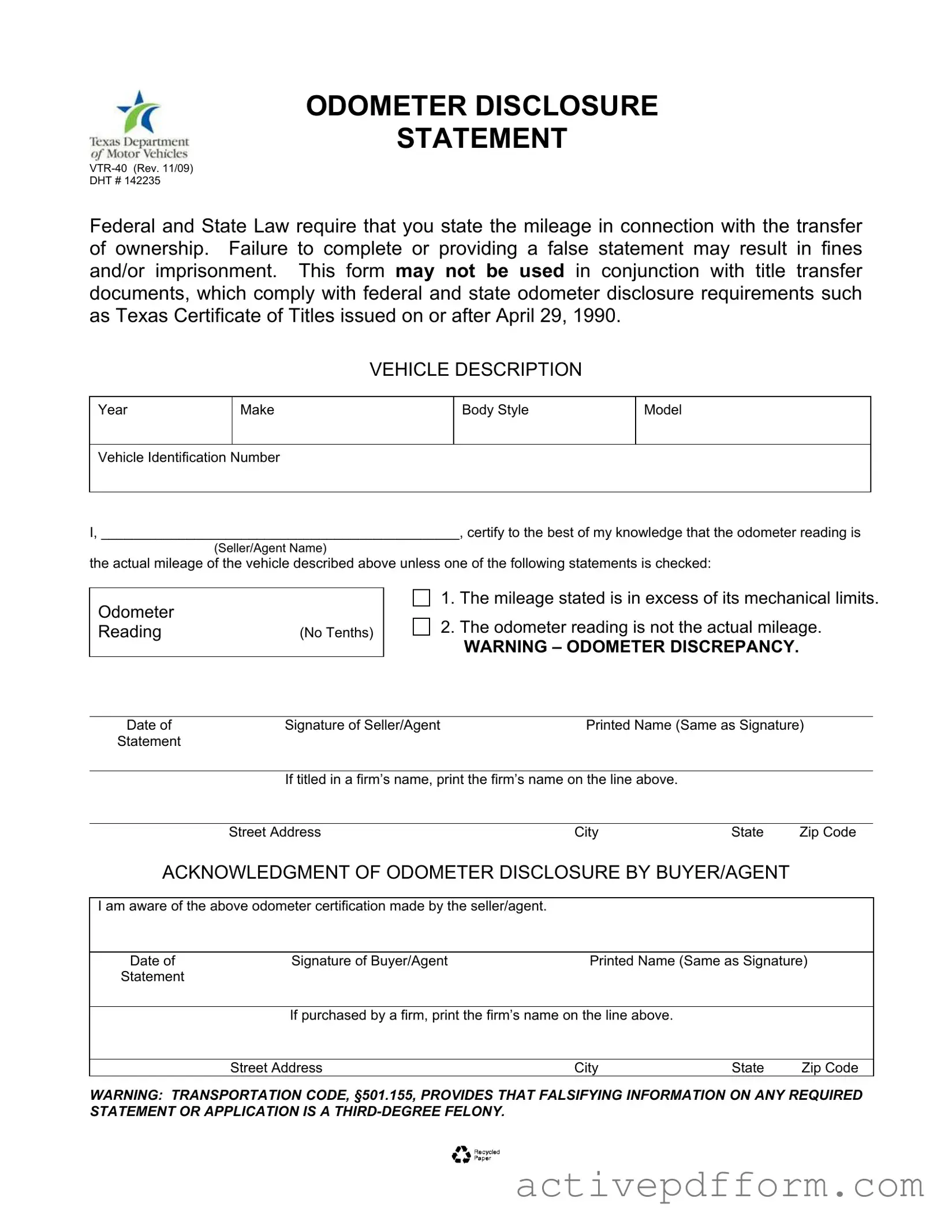Free Texas Odometer Statement Template