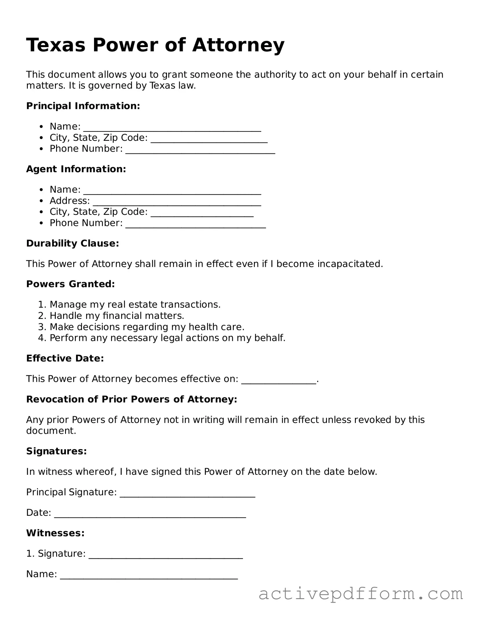 Blank Texas Power of Attorney Document